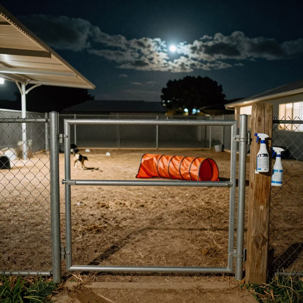 Dog Daycare Yard Night Latches Agility Tunnels in beneath a pet hotel drop-off awning near Port Elizabeth