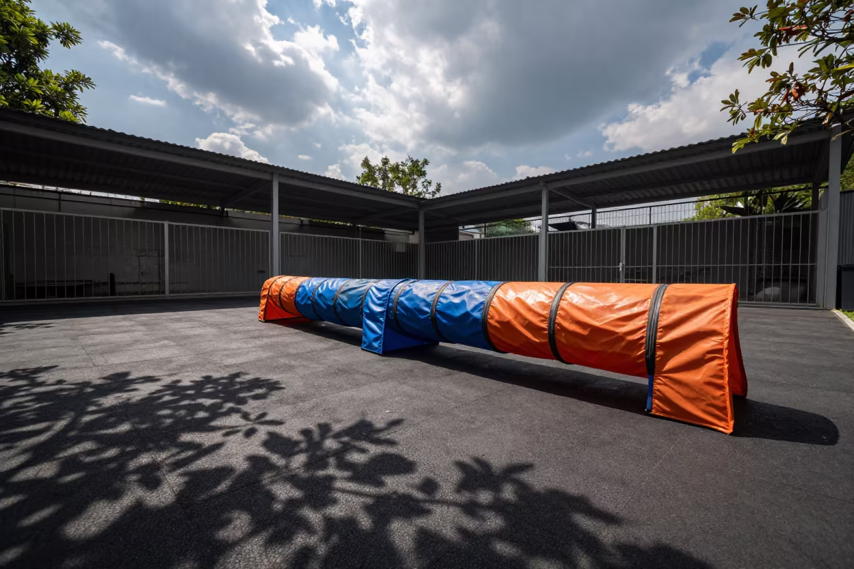 Dog Daycare Yard with Rubber Floors and Agility Tunnels in at a dog wash bay behind the shop in Chengdu