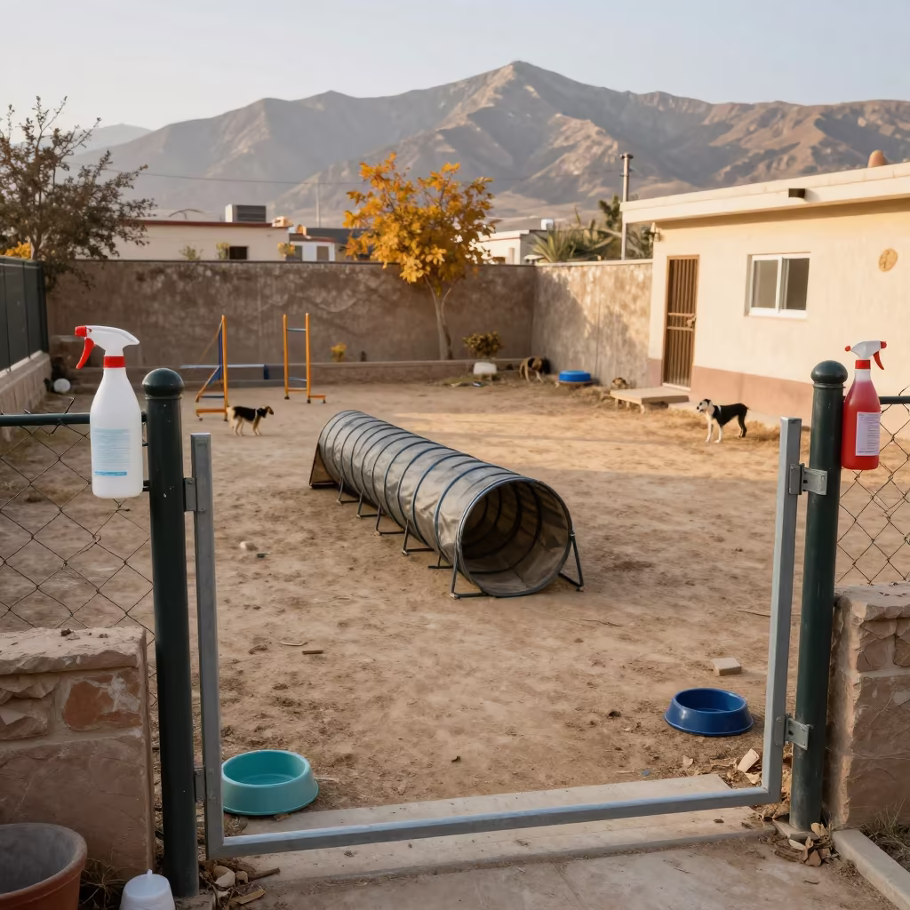 Dog Daycare Yard with Tunnels and Latches in outside a grooming van on a curbside stop in Al-Safira