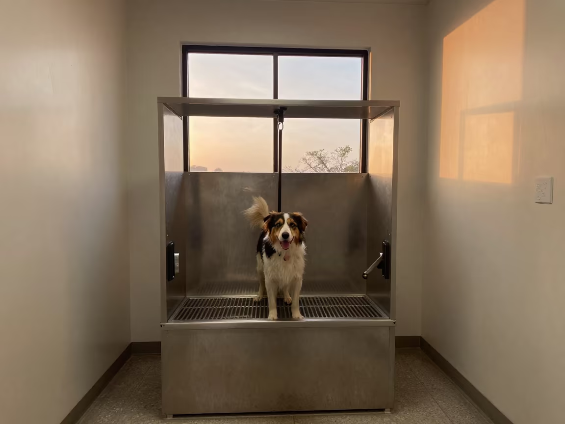 Dog on Diet Rail in Culiacan Wash Station Sunset in at a self-serve dog wash station in Culiacán