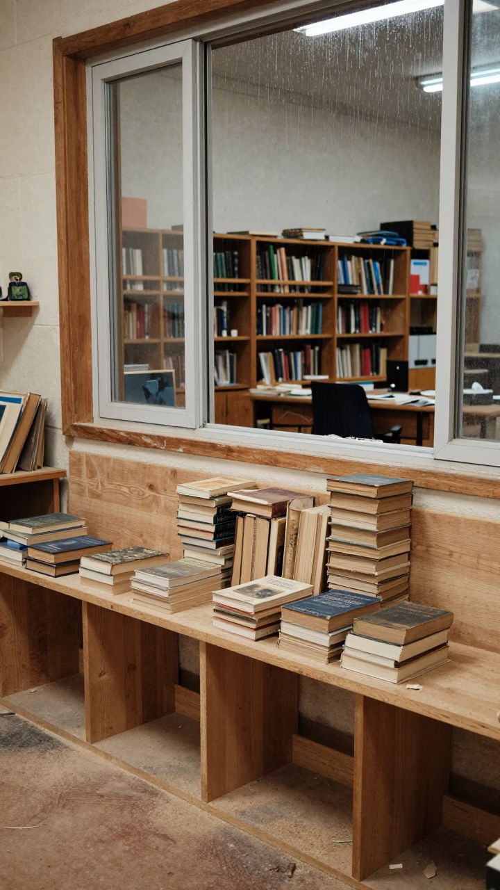 Dog-Eared Paperbacks on Window Seat in Jerusalem School in in a woodshop classroom in Mea Shearim, Jerusalem