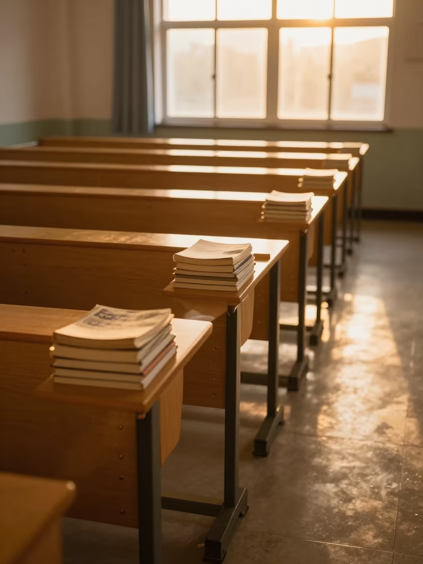 Dog-Eared Paperbacks on Library Window Seat in in a lecture hall before the crowd arrives in Victoria Falls