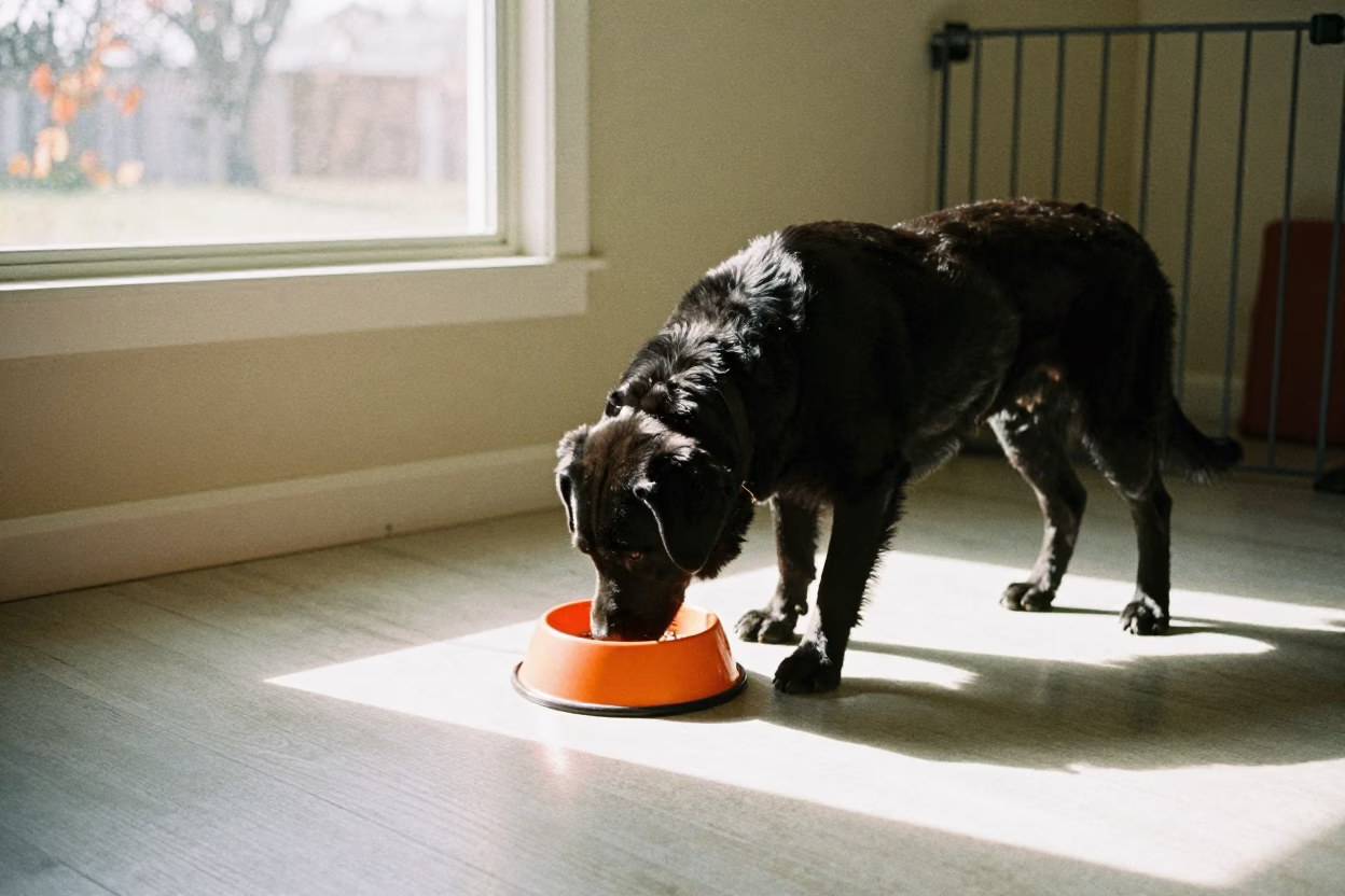 Dog Eating Slow Feeder Bowl in Chatham Kent Room in inside an adoption room in Chatham-Kent