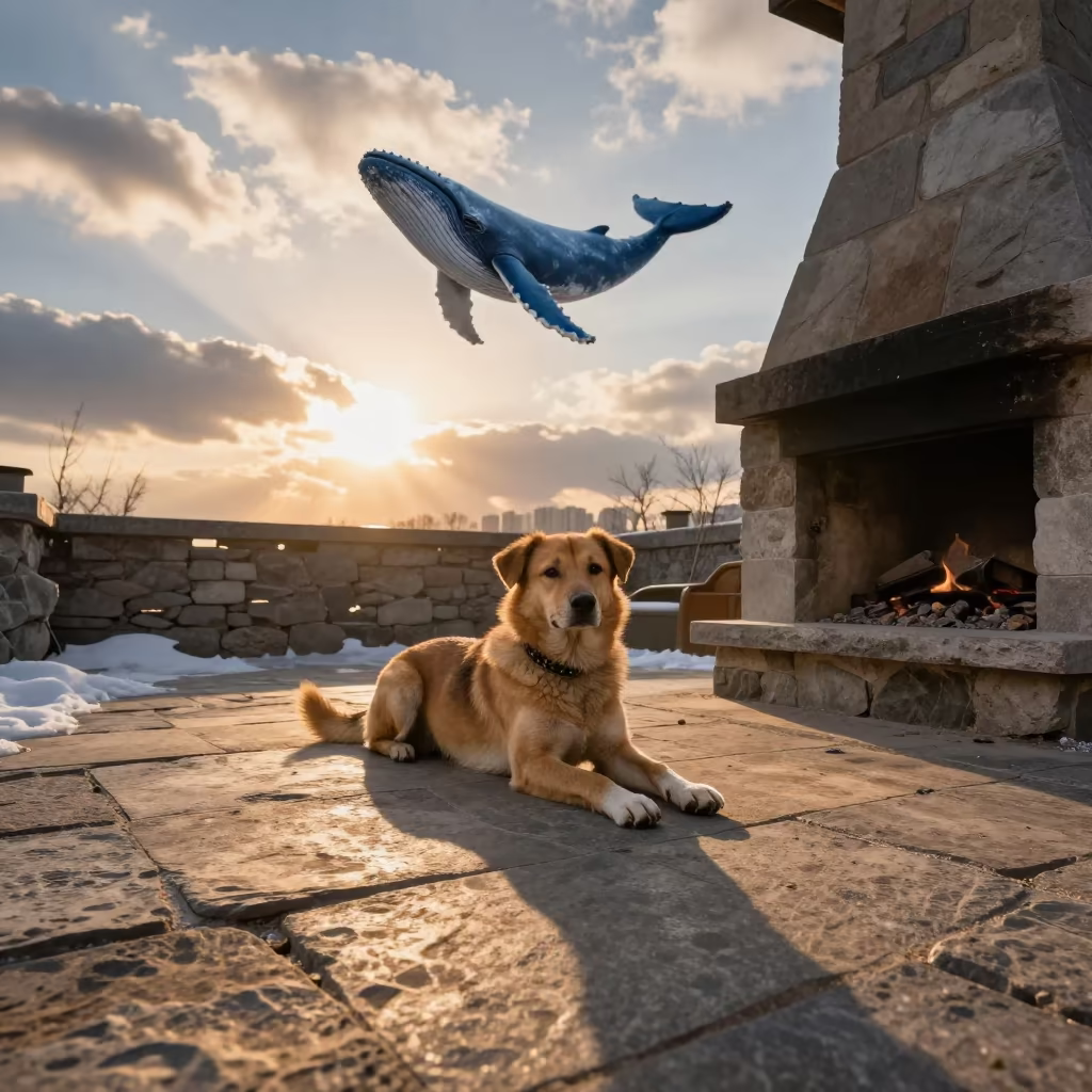 Dog Resting on Flagstone with Whale Shadow in near Jinan