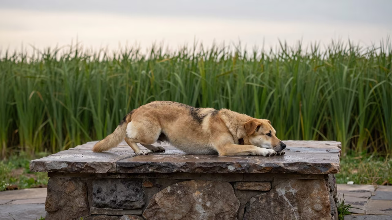 Dog Resting on Flagstone Near Reed Bed at Dawn in at the edge of a reed bed in Kansas