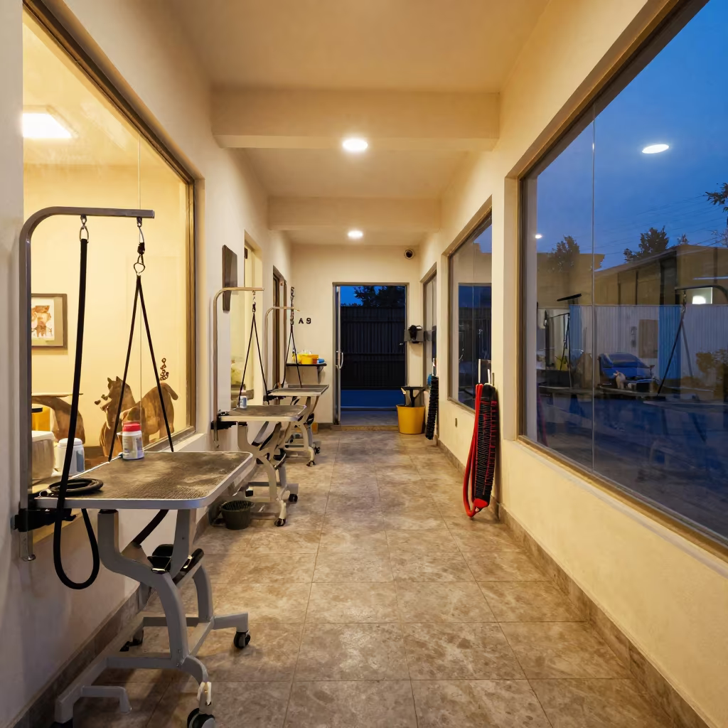 Dog Grooming Bank in Larkana Kennel Corridor in in a boarding kennel corridor near Larkana