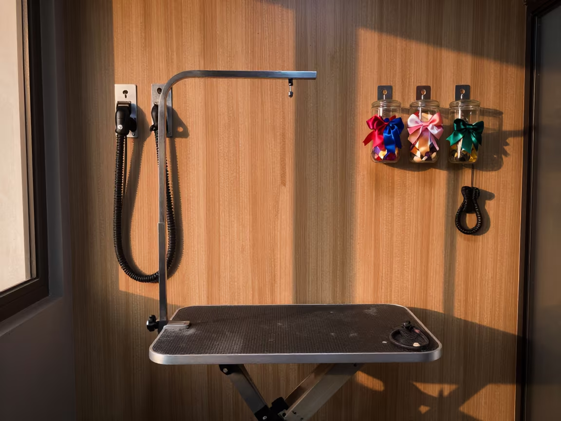 Dog Grooming Station with Clips and Bow Jars in inside an adoption room in Fort, Mumbai