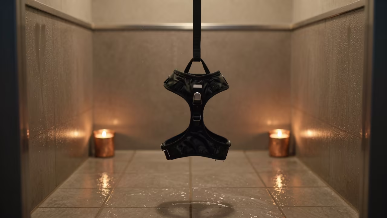 Dog Harness Mirror Stand at Nizamabad Wash Station in at a self-serve dog wash station in Nizamabad