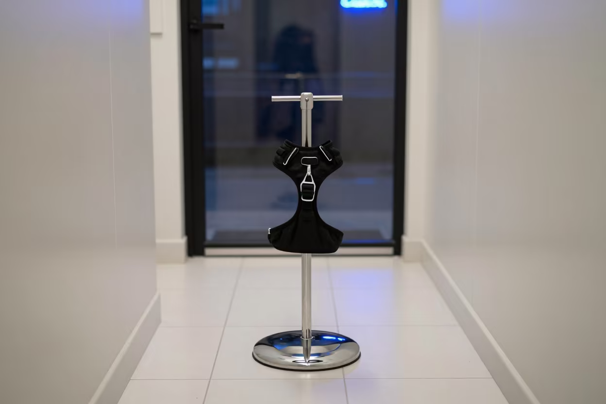 Dog Harness Mirror Stand in Predawn Kennel in in a boarding kennel corridor near Tribeca, New York