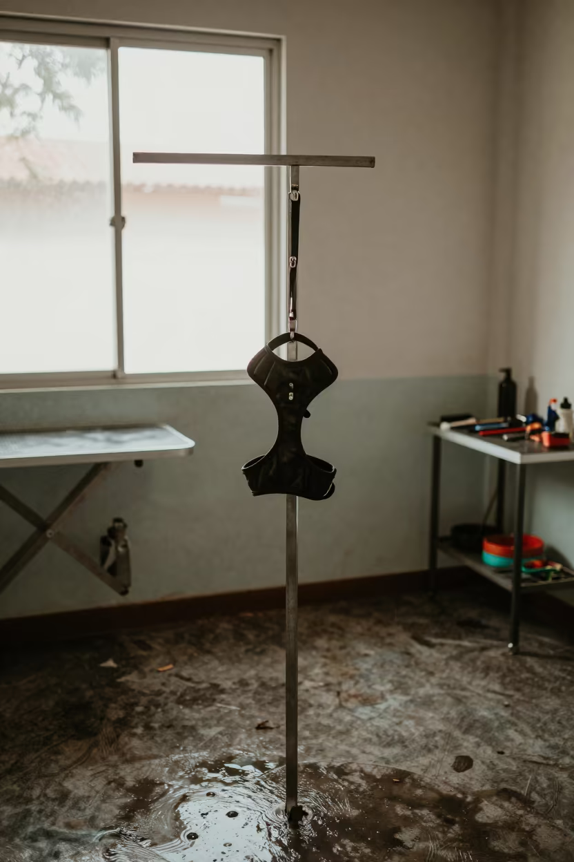 Dog Harness on Mirror Stand in Sancti Spíritus Bay in inside a grooming bay in Sancti Spíritus