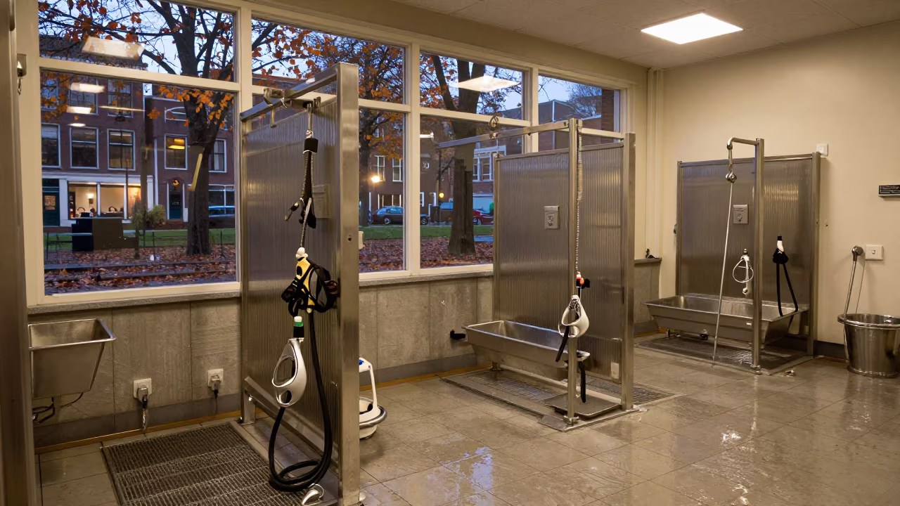 Dog Harness Mirror Stand Self-Serve Wash Delft Autumn in at a self-serve dog wash station in Delft