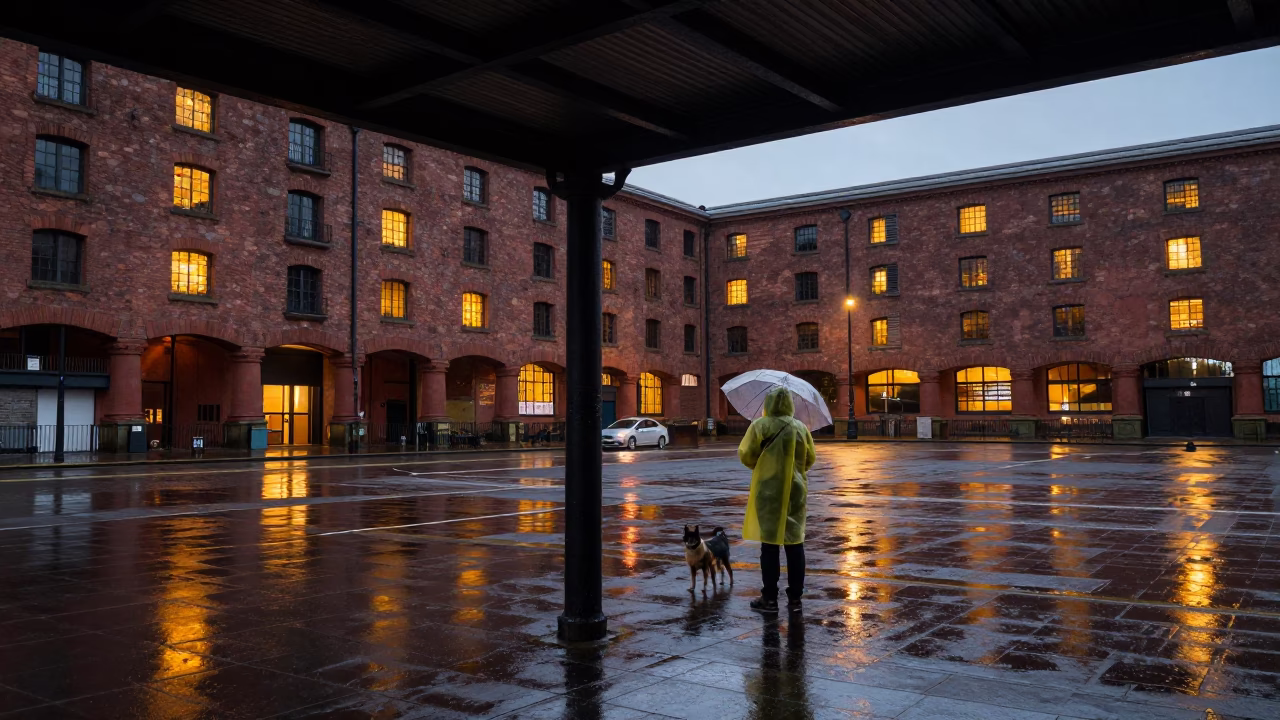 Dog in Liverpool at Twilight in in Liverpool, United Kingdom