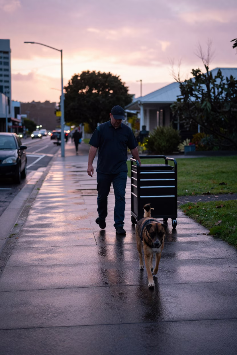 Dog just after sunrise in Auckland in in Auckland, New Zealand