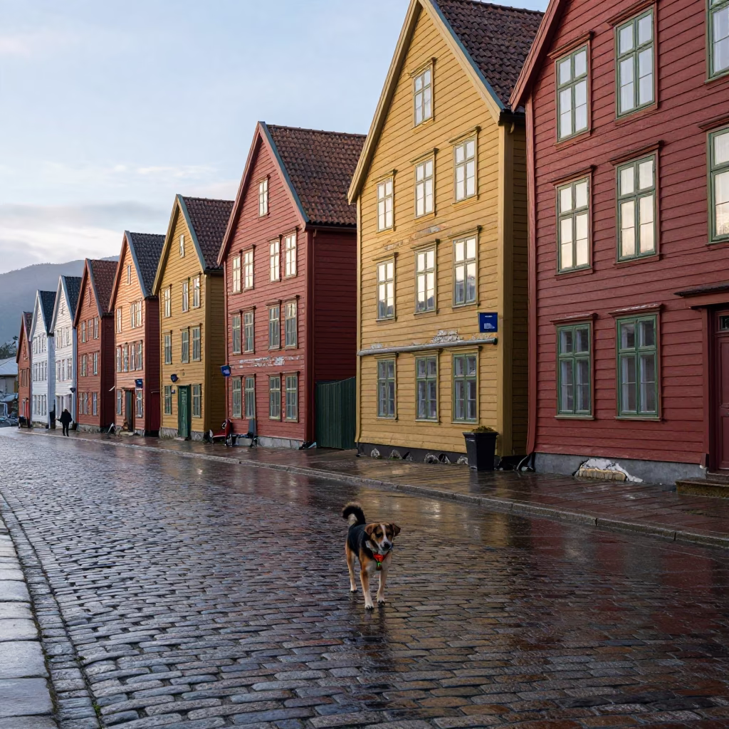 Dog just after sunrise in Bergen in in Bergen, Norway