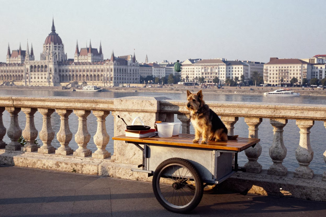 Dog just after sunrise in Budapest in in Budapest, Hungary
