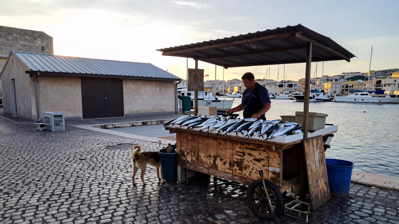 Dog just after sunrise in Marseille in in Marseille, France