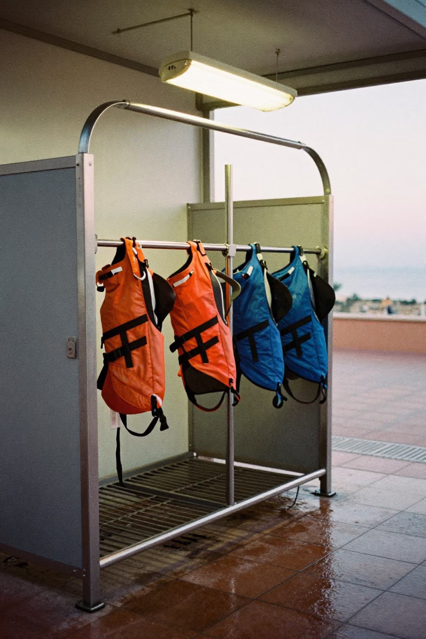 Dog Life Jacket Rack Under Heat Lamp at Dawn in at a self-serve dog wash station in Alicante