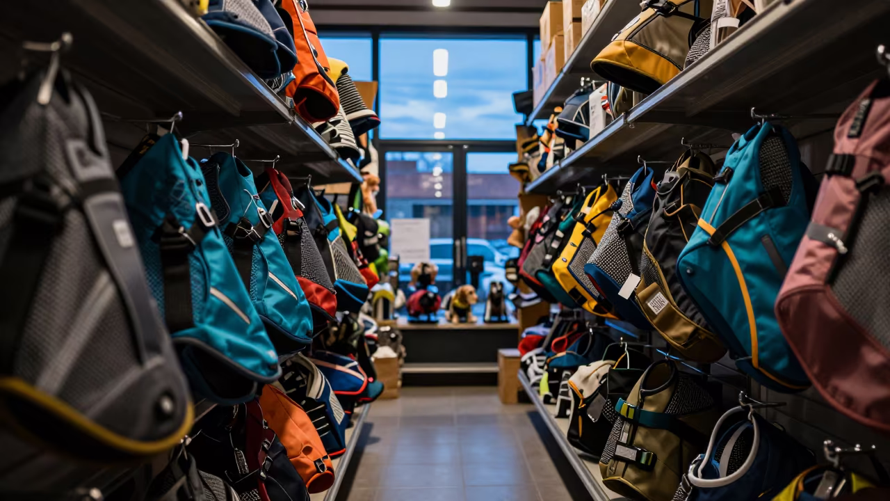 Dog Life Jackets Drying on Rail in Avellaneda Store in inside a pet store aisle in Avellaneda