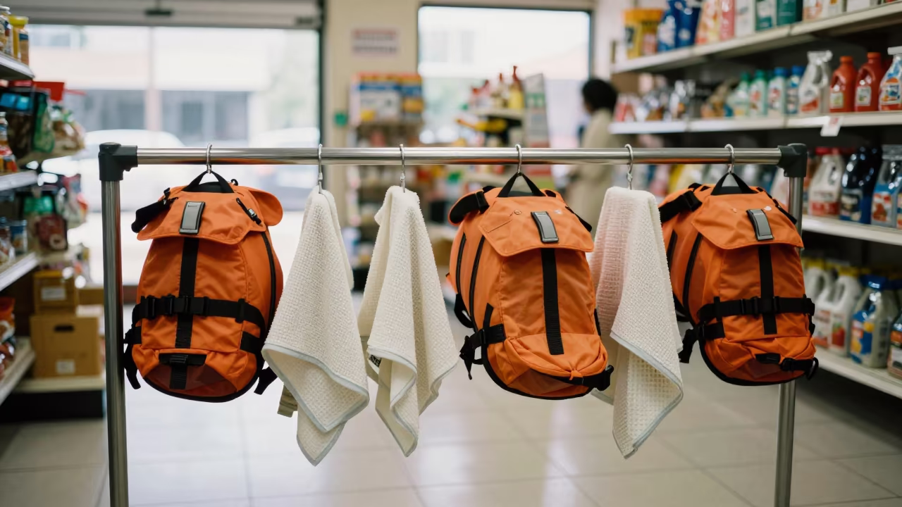 Dog Life Jackets Drying on Rail in Lima Pet Store in inside a pet store aisle near Surquillo Market, Lima