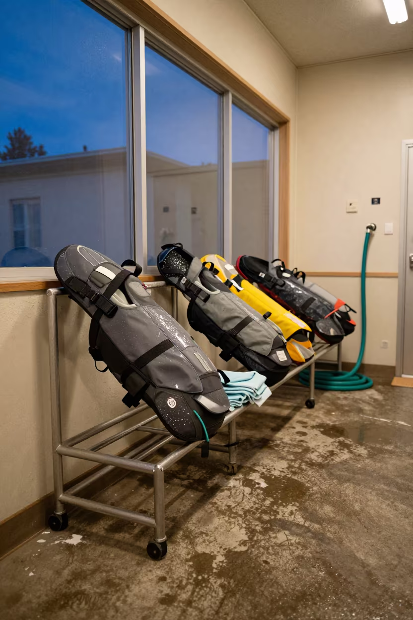 Dog Life Jackets on Rack After Rain in in a boarding kennel corridor in Sapporo