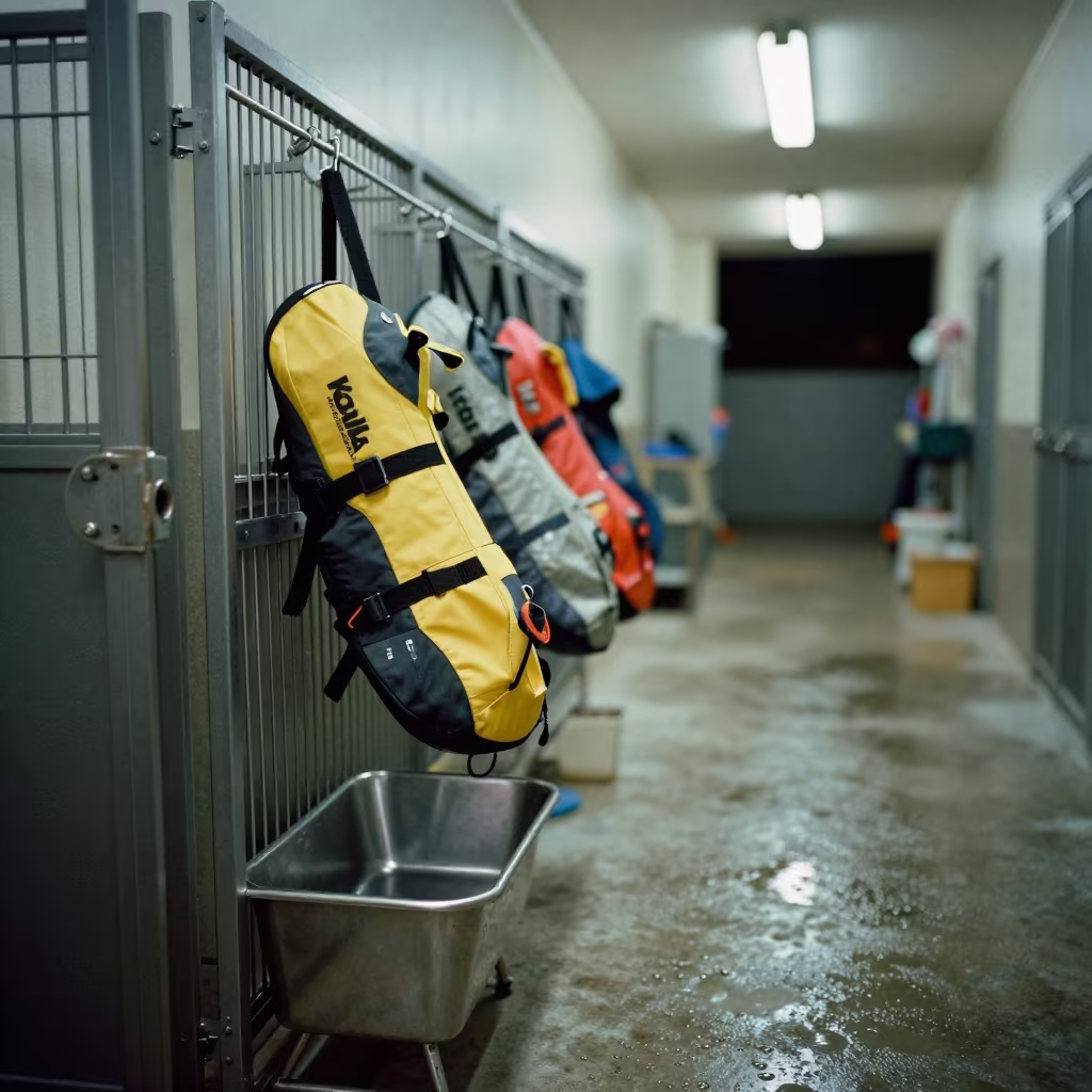 Dog Life Jackets on Rack in Kennel Corridor in in a boarding kennel corridor in San Pedro, La Paz