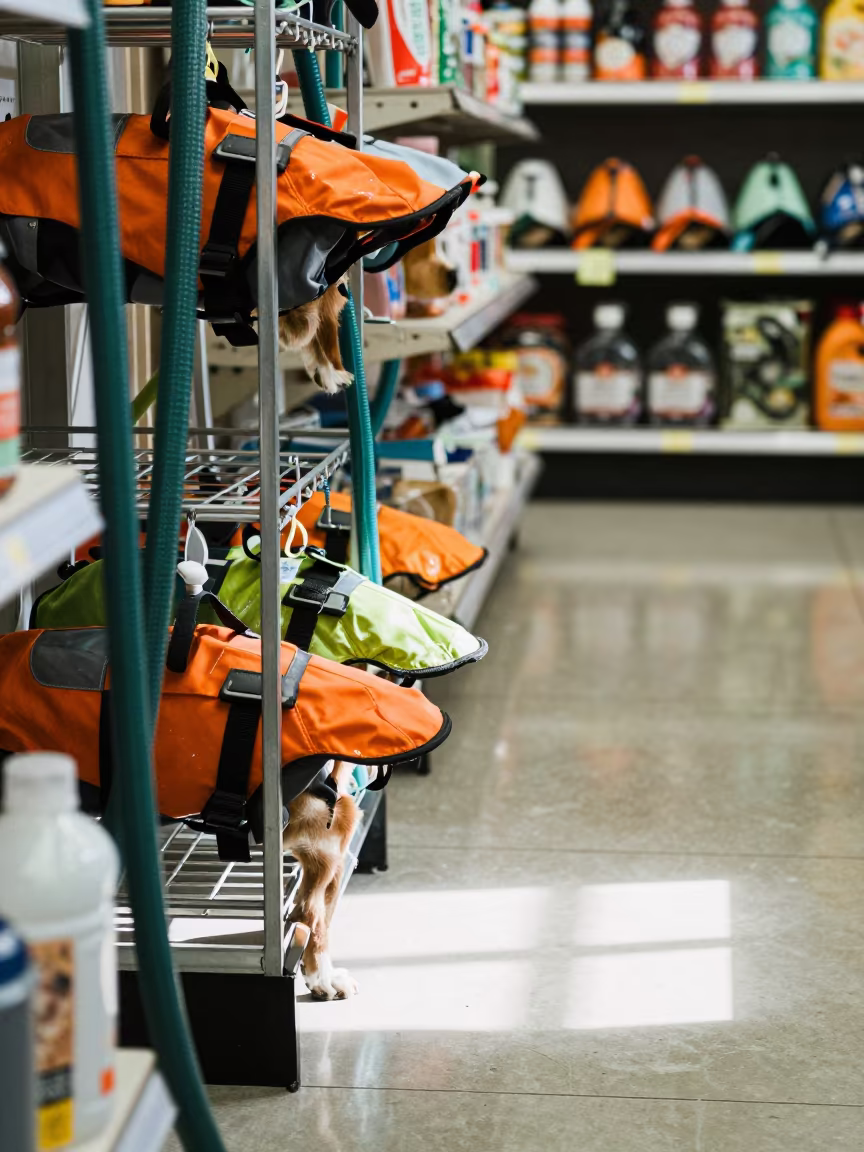 Dog Life Jackets on Rack Near Hose in inside a pet store aisle near Damascus
