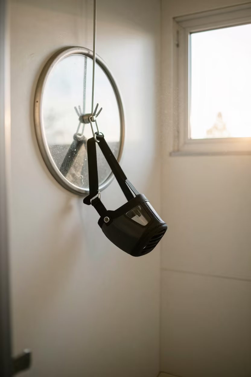Dog Muzzle Mirror at Dawn Wash Station in at a self-serve dog wash station near Kotri