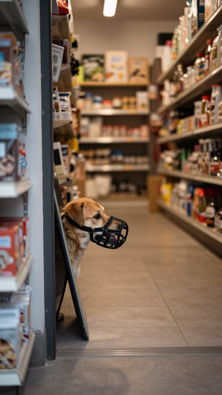Dog Muzzle Mirror Reflection Dawn Cordoba Store in inside a pet store aisle in Cordoba Argentina