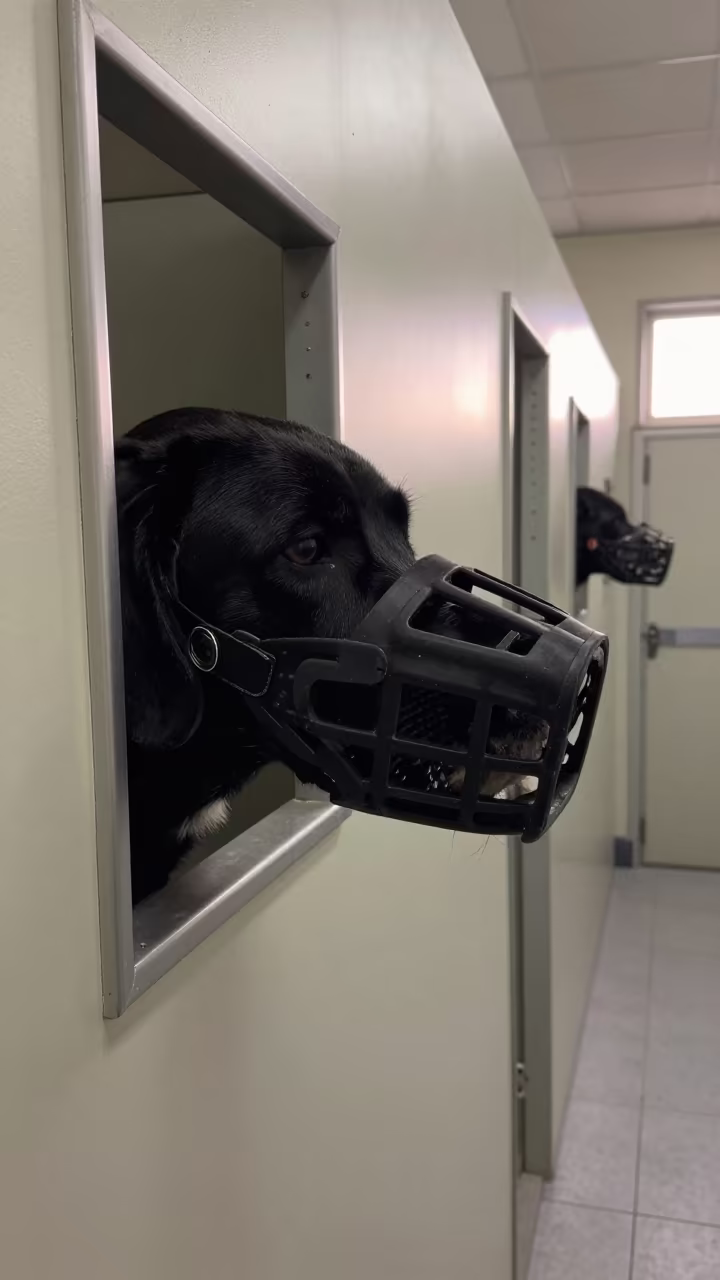 Dog Muzzle Mirror Reflection in Dawn Kennel in in a boarding kennel corridor in Körfez