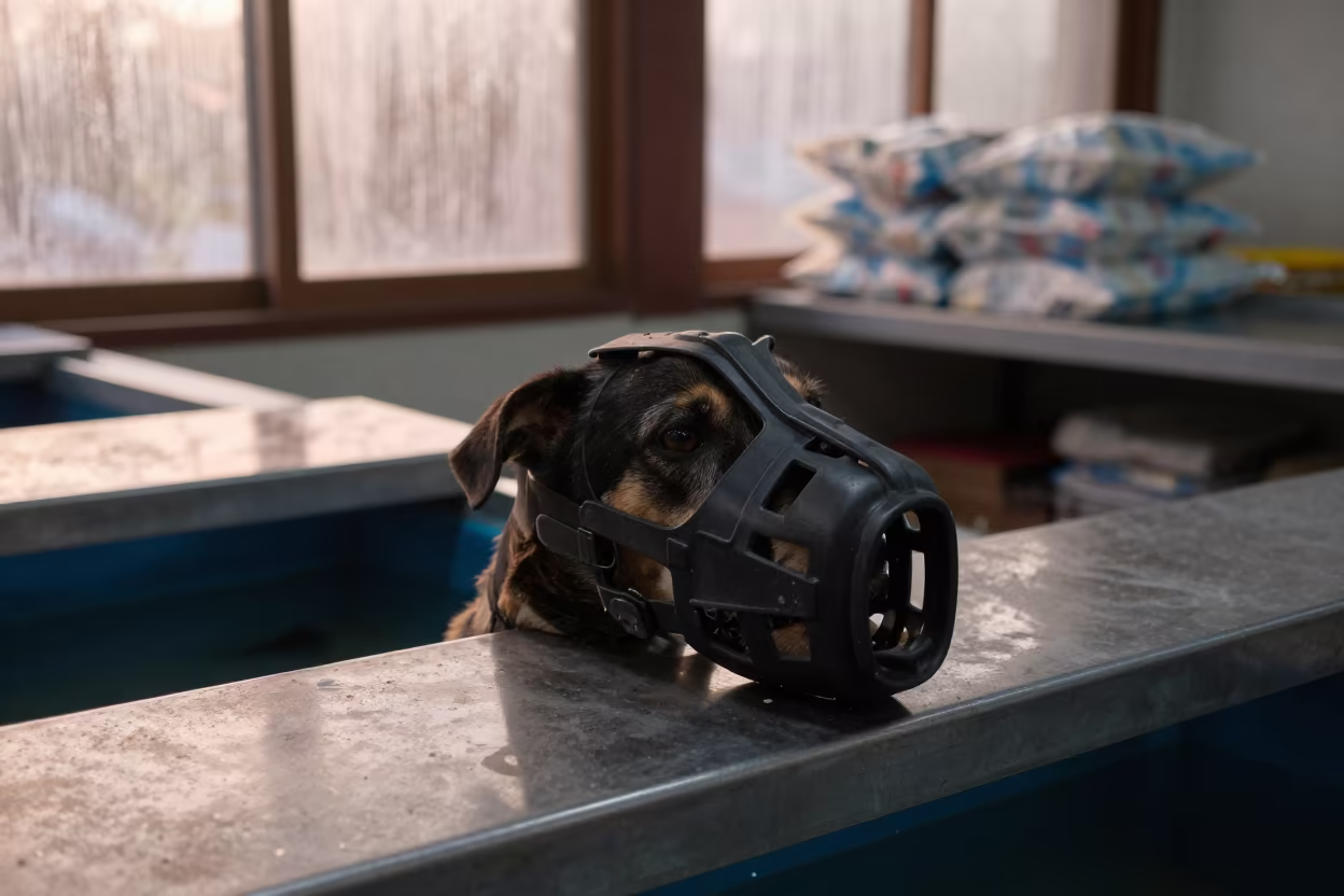 Dog Muzzle Mirror Reflection Dawn in inside a fish bagging counter zone in Beed