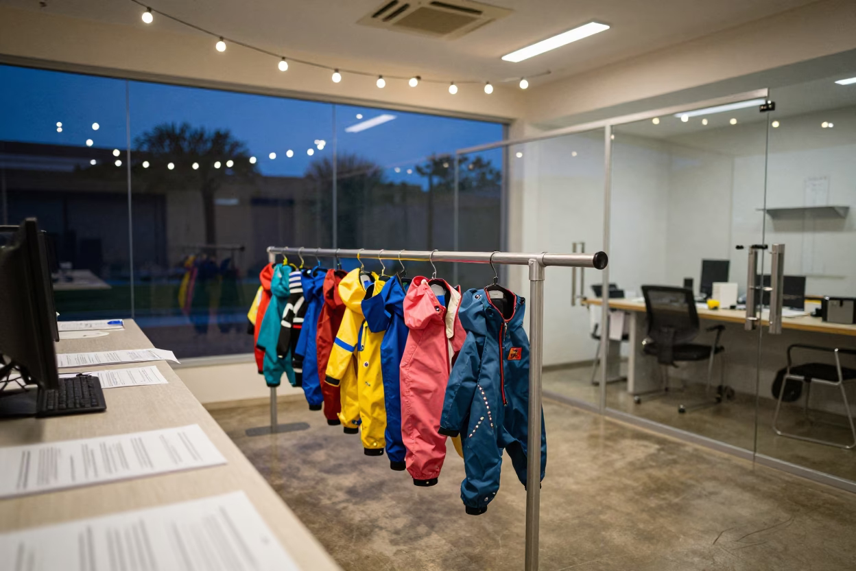 Dog Raincoat Sizing Rail in Brasilia Adoption Room in inside an adoption room in Brasilia