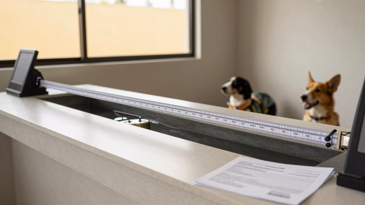 Dog Raincoat Sizing Rail Before Intake in Florianopolis in inside a fish bagging counter zone in Florianopolis
