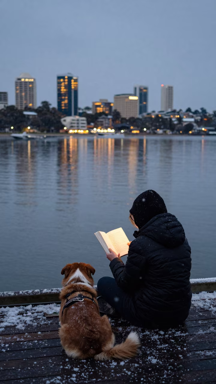 Dog and Reader by Tidal Inlet at Dusk in beside a tidal inlet in New South Wales