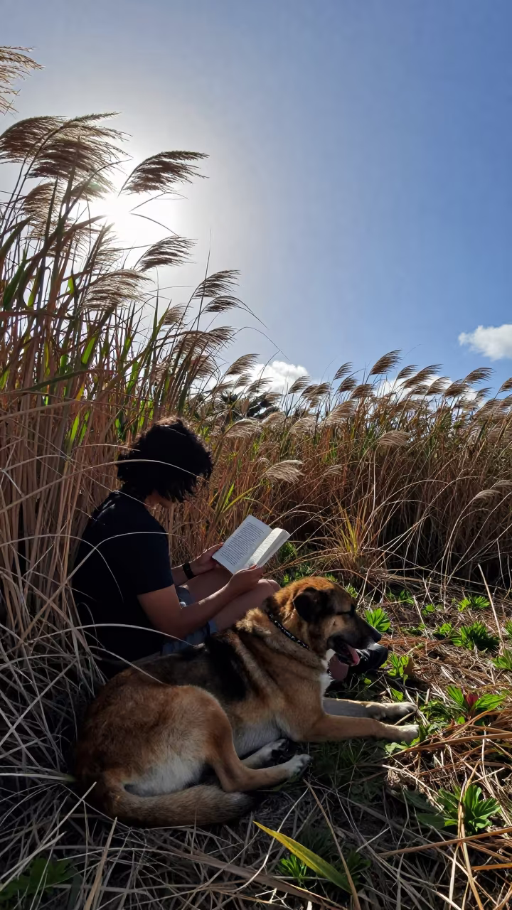 Dog Reading Fireside Reed Bed Hawaii Afternoon in at the edge of a reed bed in Hawaii