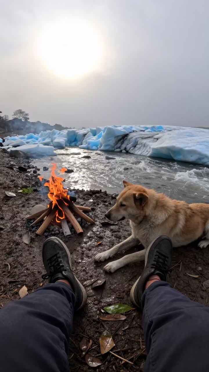 Dog Resting by Fire Near Glacial Stream in above a glacial stream near Hyderabad