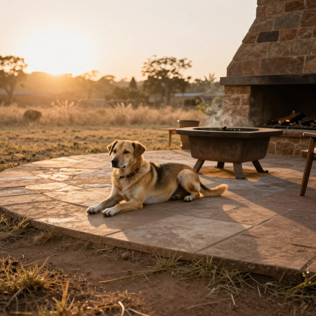 Dog Resting on Flagstone Near Hearth at Golden Hour in near Yaounde