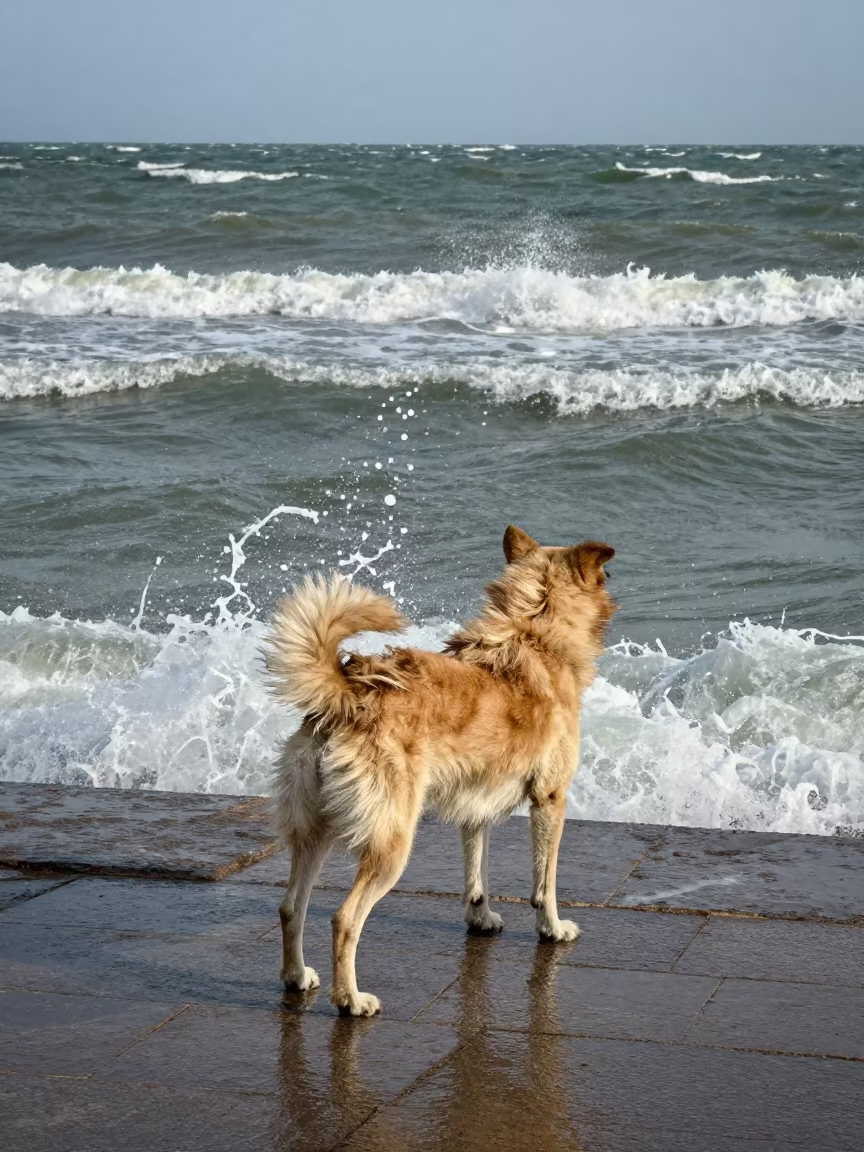 Dog Resting on Flagstone by Tidal Inlet Namangan in beside a tidal inlet near Namangan
