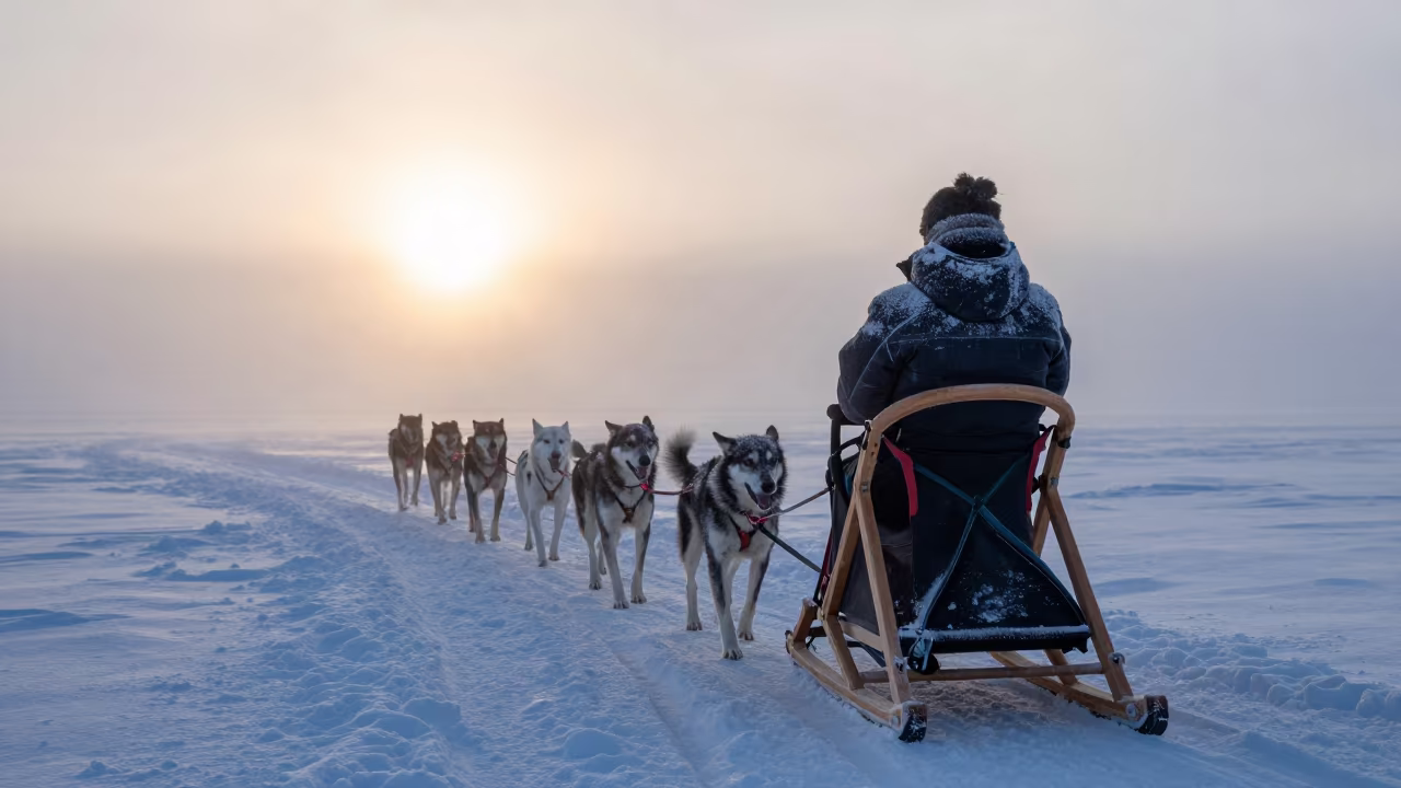 Dog Sled Team on Arctic Ice Before Sunrise in along a game trail near Murmansk