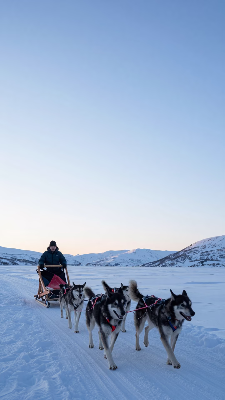 Dog Sled Team Departing Checkpoint Dawn Light in near Oslo