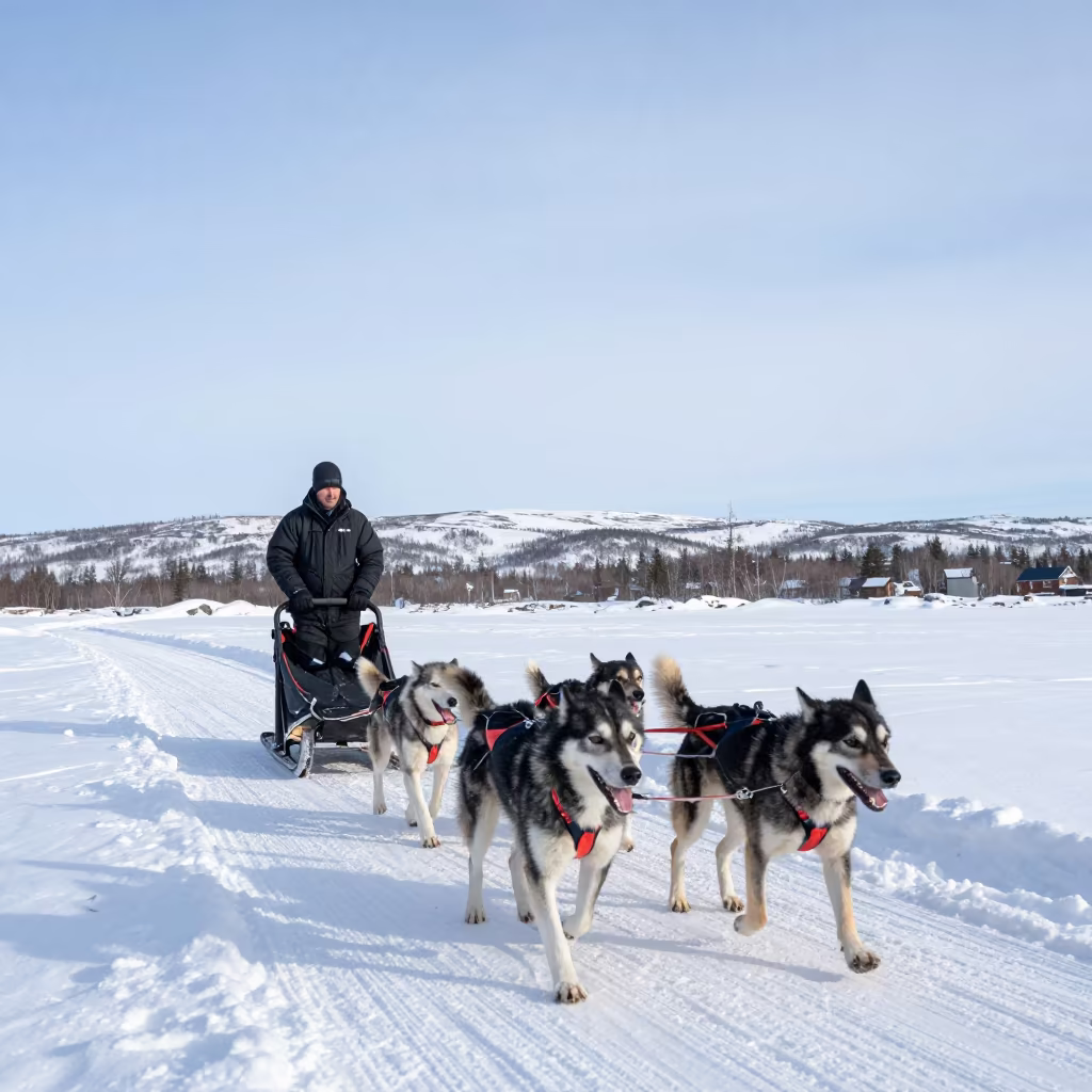 Dog Sled Team Leaving Checkpoint in Snow in beside a tidal inlet near Rovaniemi
