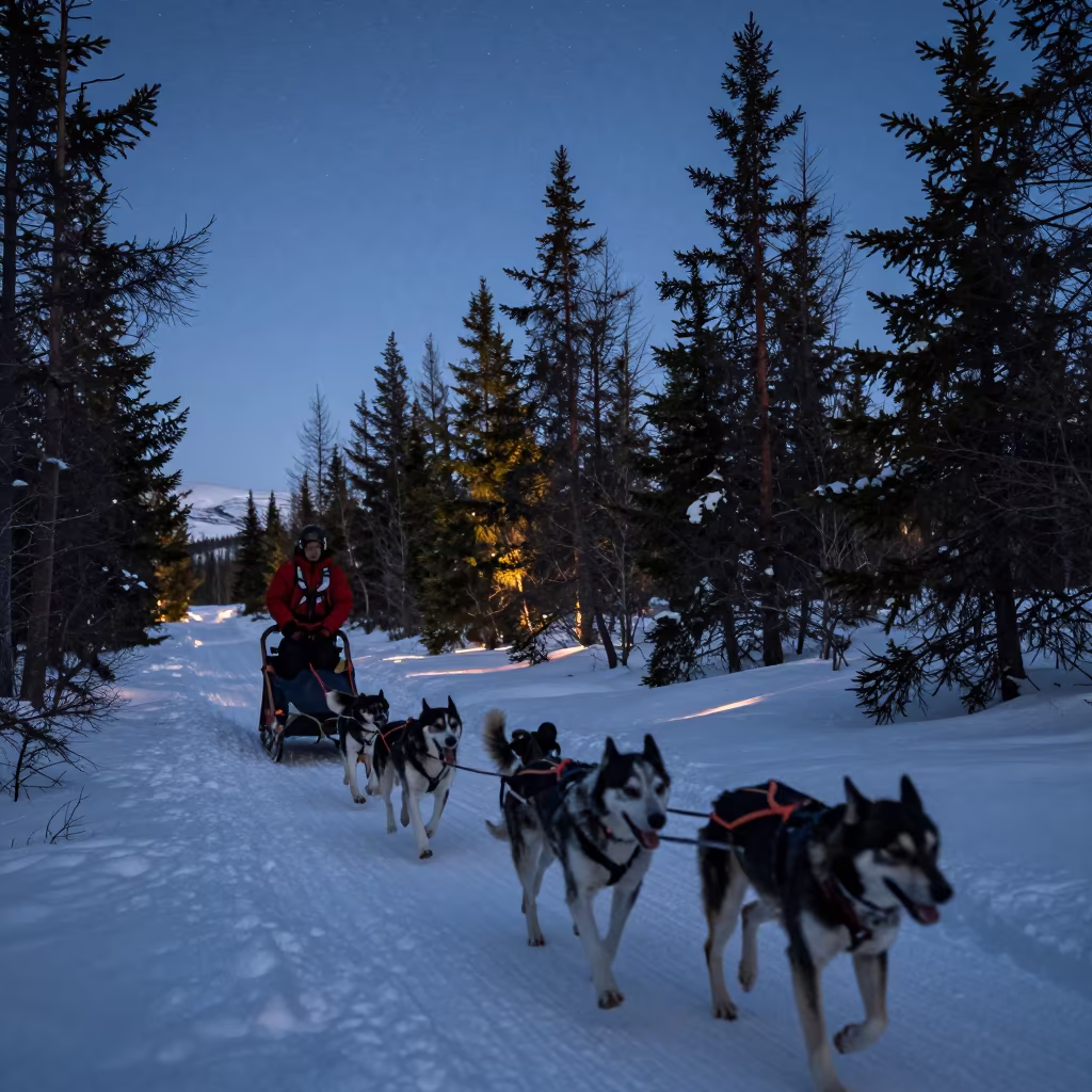 Dog Sled Team Racing Through Icelandic Spruce Forest in in Iceland