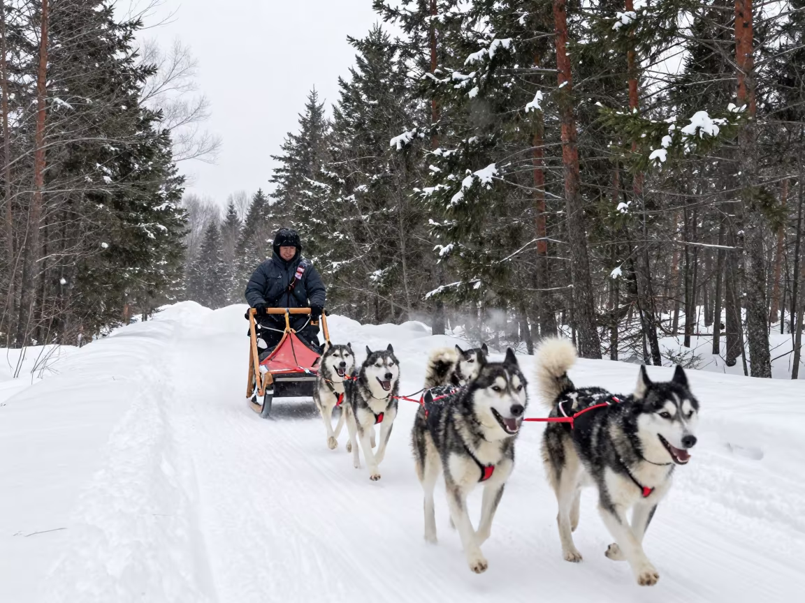 Dog Sled Team Racing Through Snowy Spruce Forest in near Sapporo