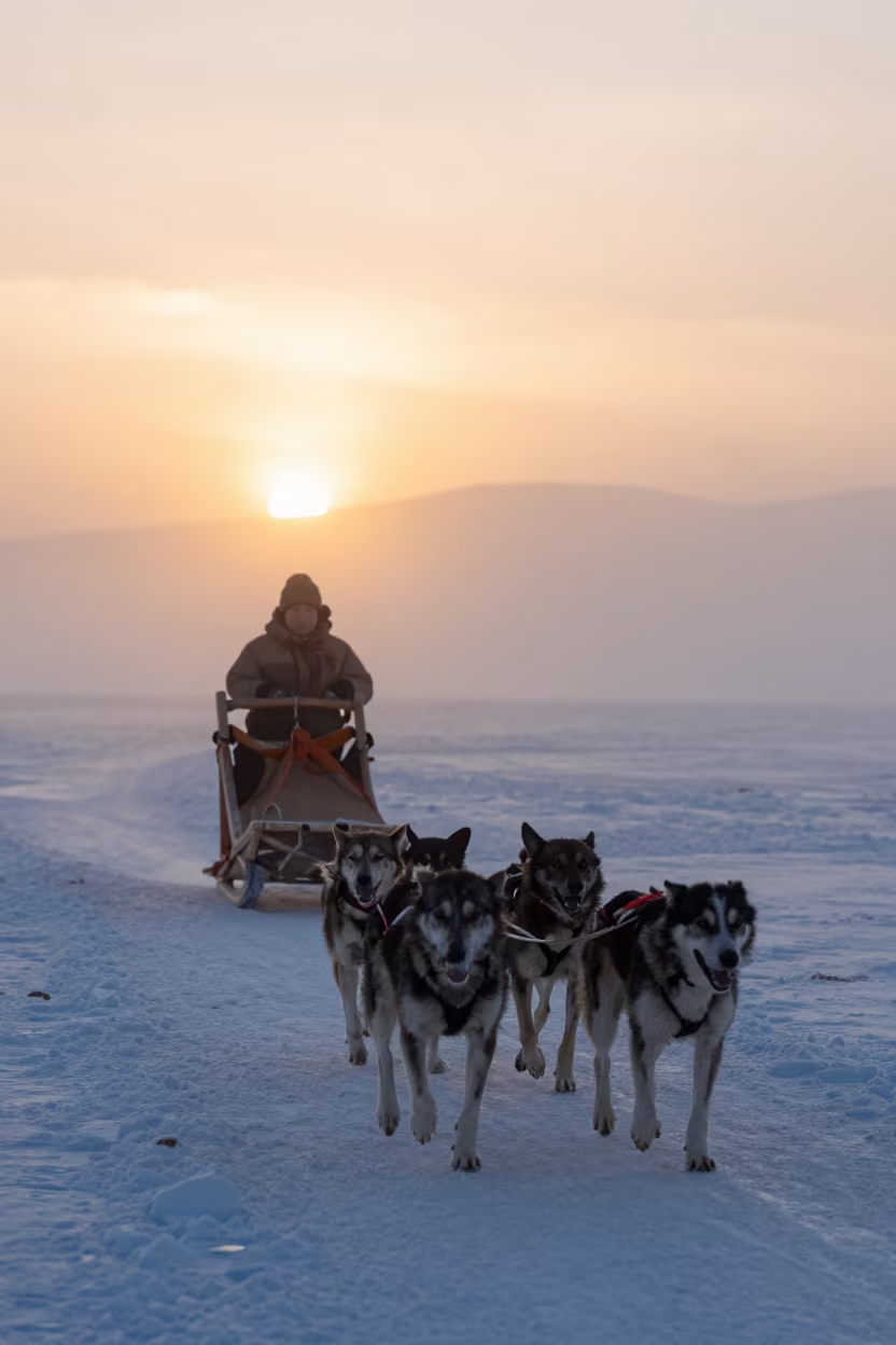 Dog Sled Team on Tibetan Ice at Sunset in in Tibet