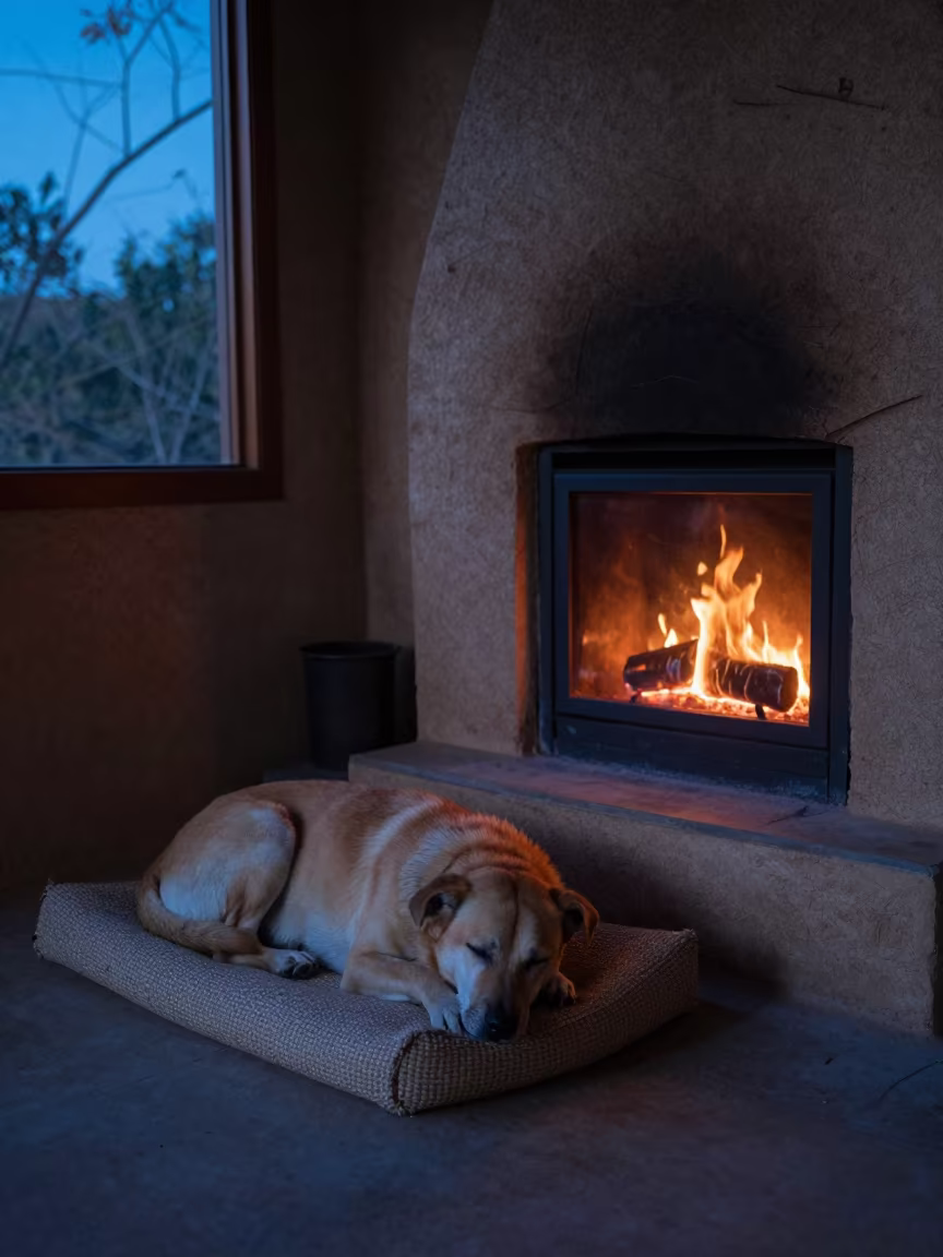 Dog Sleeping Near Fireplace Blue Hour Hadejia in on a reading nook cushion near Hadejia