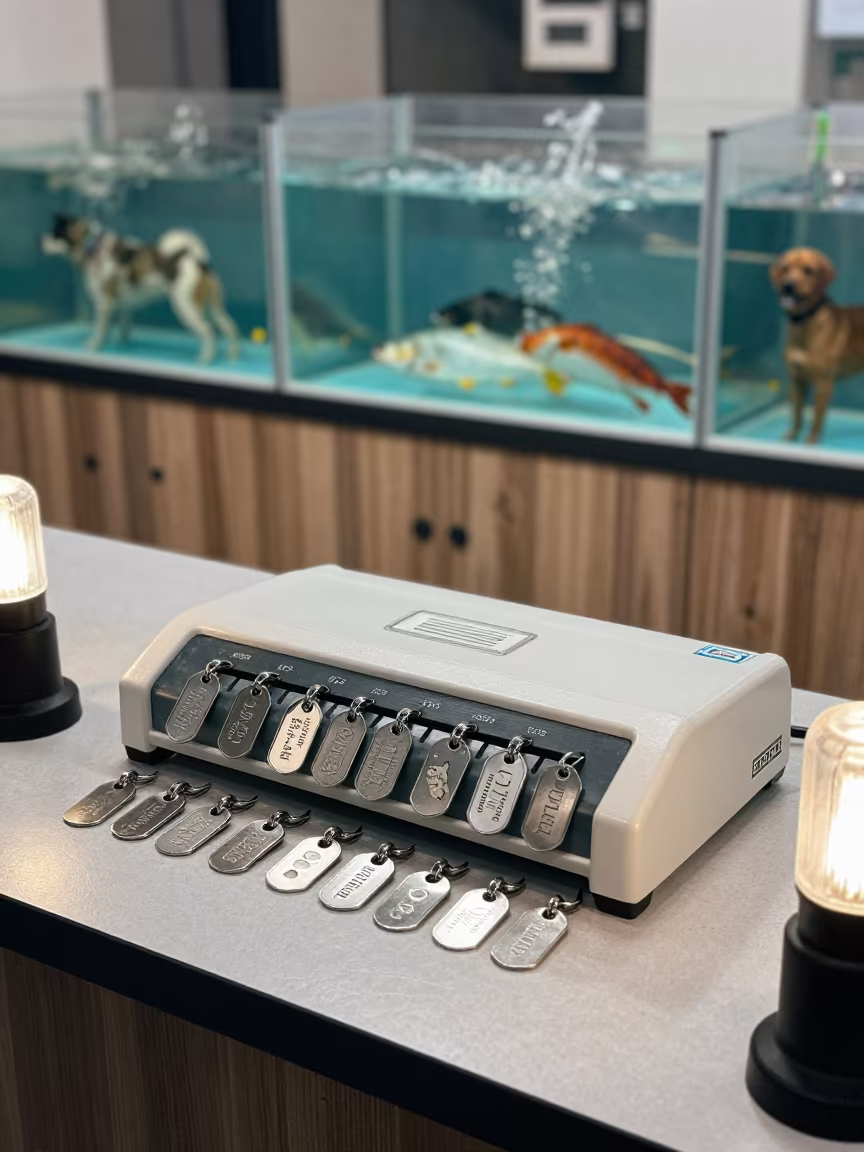 Dog Tag Engraving Station in Haikou Pet Shop in inside a fish bagging counter zone in Haikou