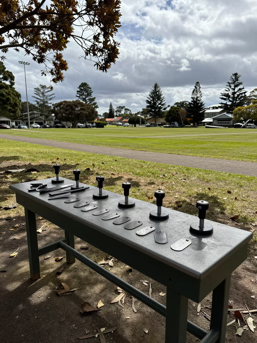 Dog Tag Stamping Bench on Manly Parade Ground in on a parade ground in Manly, Sydney