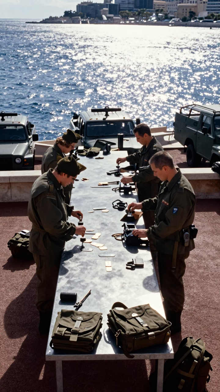 Dog Tag Stamping Bench at Monaco Convoy Halt in beside a convoy halt on open ground in Monaco