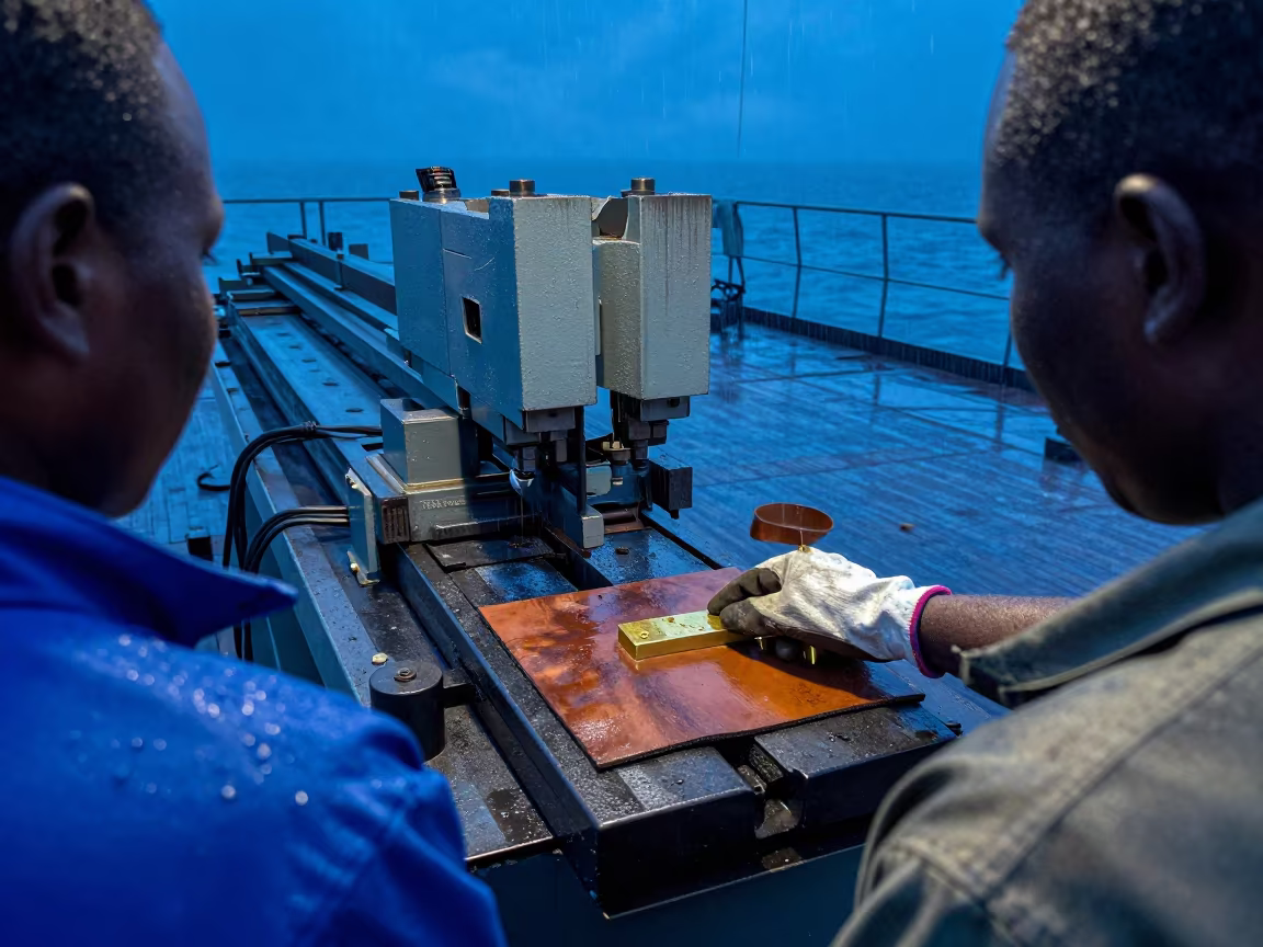 Dog Tag Stamping Bench Naval Deck Twilight Rain in on a naval deck in rough wind in Uganda