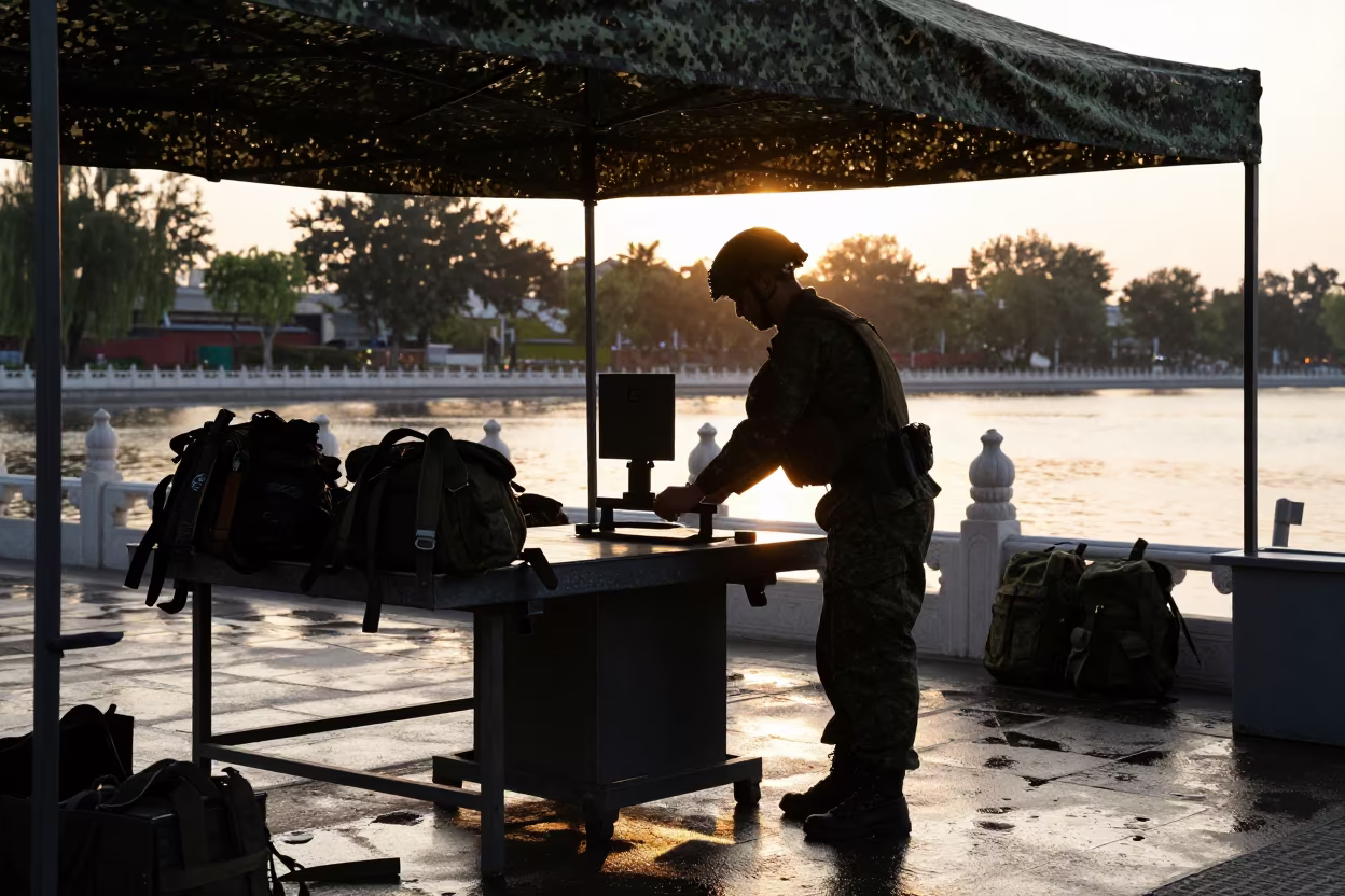 Dog Tag Stamping Bench Under Camo Net in beneath a camouflage net shelter in Houhai, Beijing