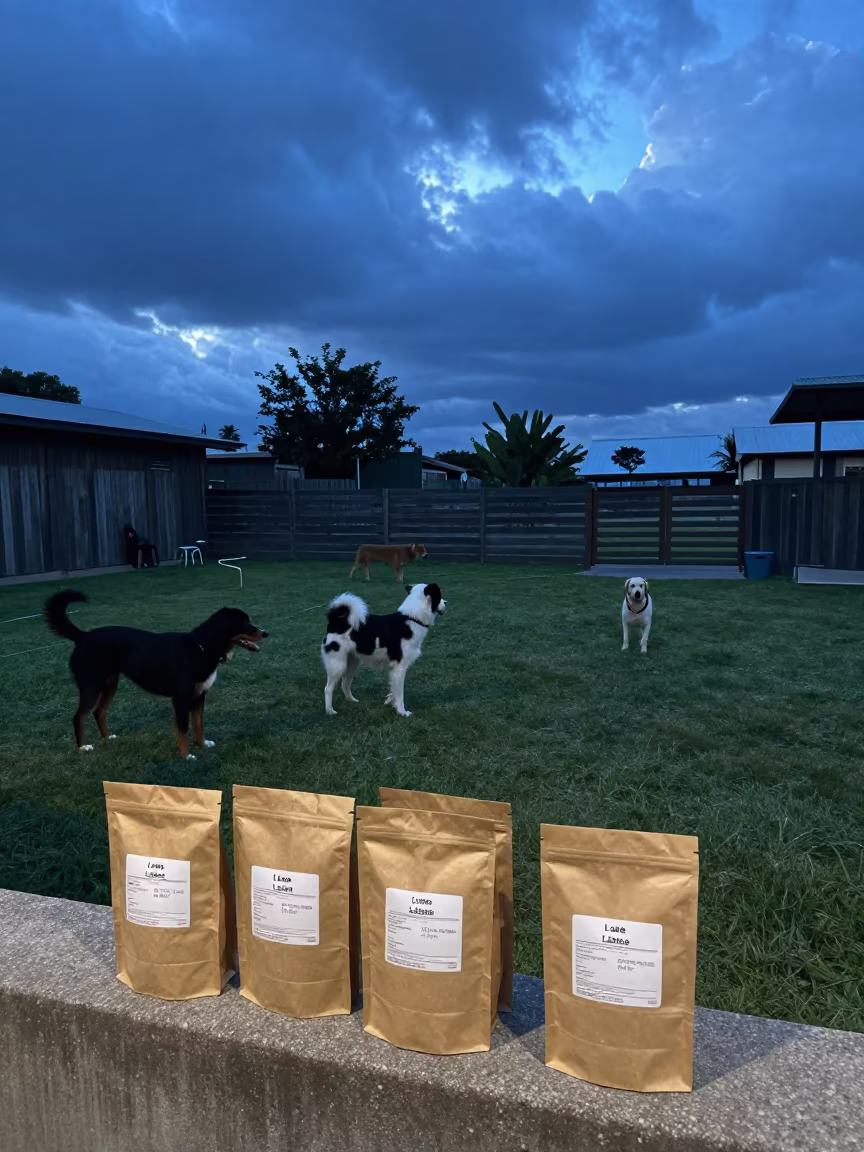 Dog Training Check-In Lae Blue Hour in in a dog daycare yard in Lae